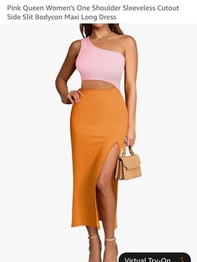 Women's High-Slit Ribbed Midi dress - Orange and Pink